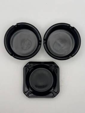 Vintage Black Glass Ashtrays Basket Weave Square Round Lot of 3